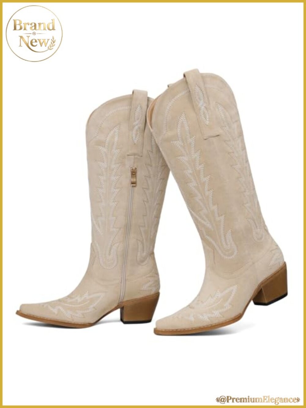 Western Cowboy Boots Knee High Pointed Toe Chunky Heel Faux Leather